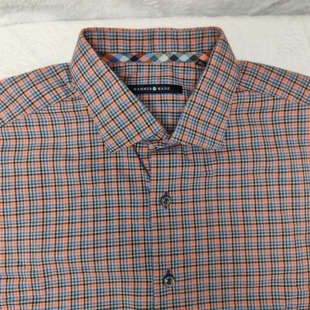 Hammer Made Shirt Mens 17 Orange Plaid Button Up Long Sleeve Cotton Woven - Picture 3 of 12